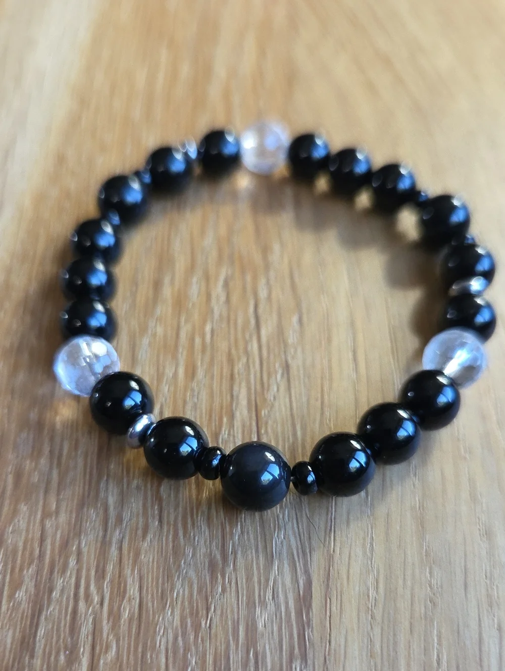 Black Onyx, Rainbow Obsidian & Clear Quartz Beaded Stretch Bracelet | Handmade